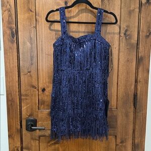 Lulus Fringe Fashion Navy Sequin Fringe Bodycon Mini Dress Blue